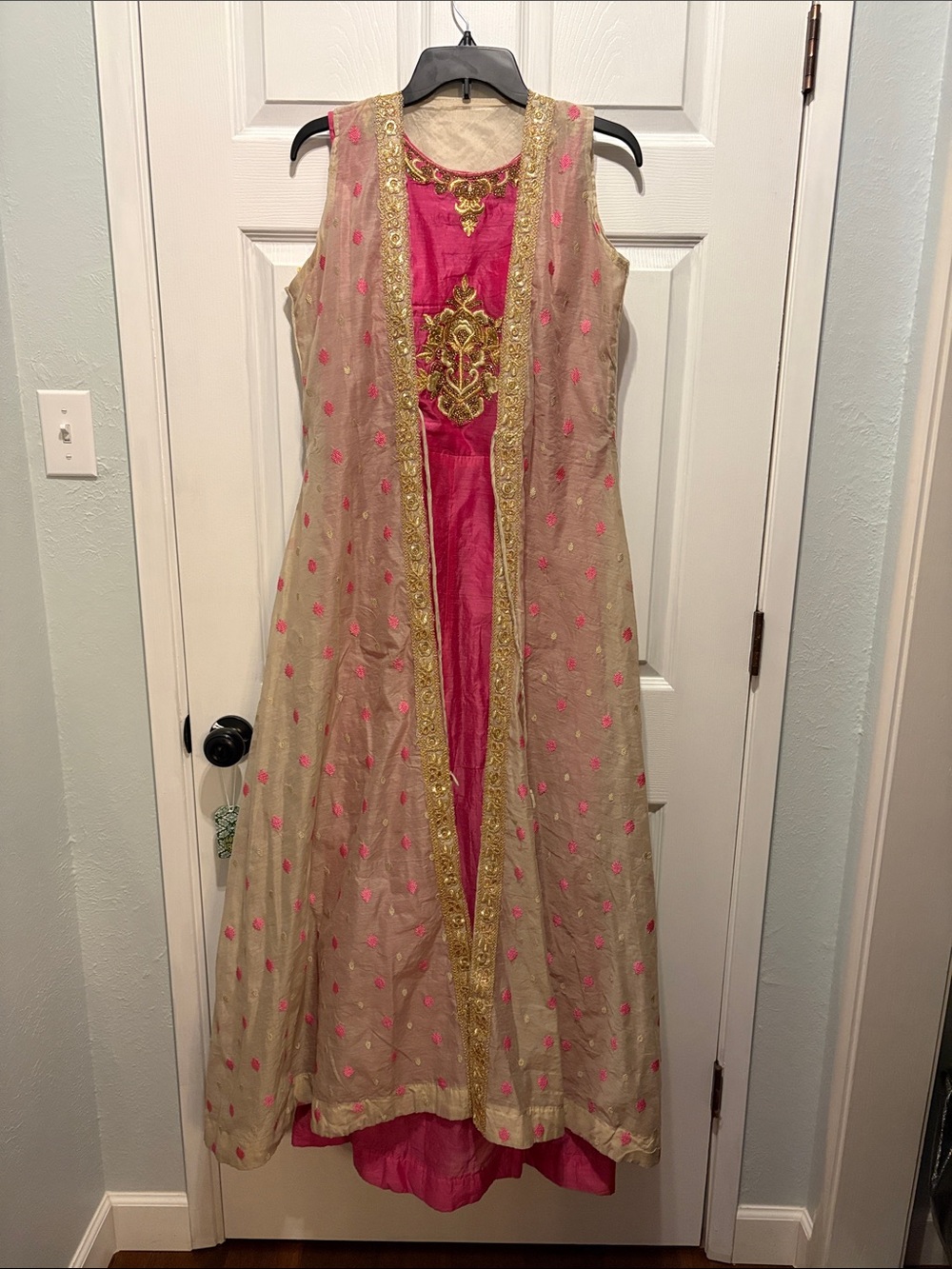Pink and cream embroidered long anarkali dress